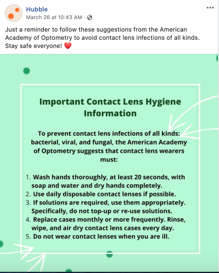 Hubble Contacts message about hygiene during COVID-19