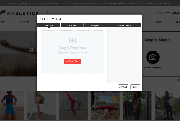 social commerce Fabletics testimonial photo upload example